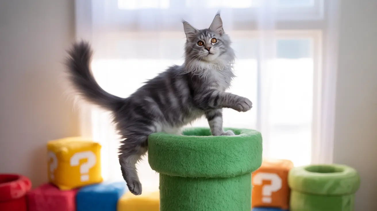 A fluffy gray and white Norwegian Forest Cat perched playfully on a green pipe-shaped object with colorful question mark blocks around it