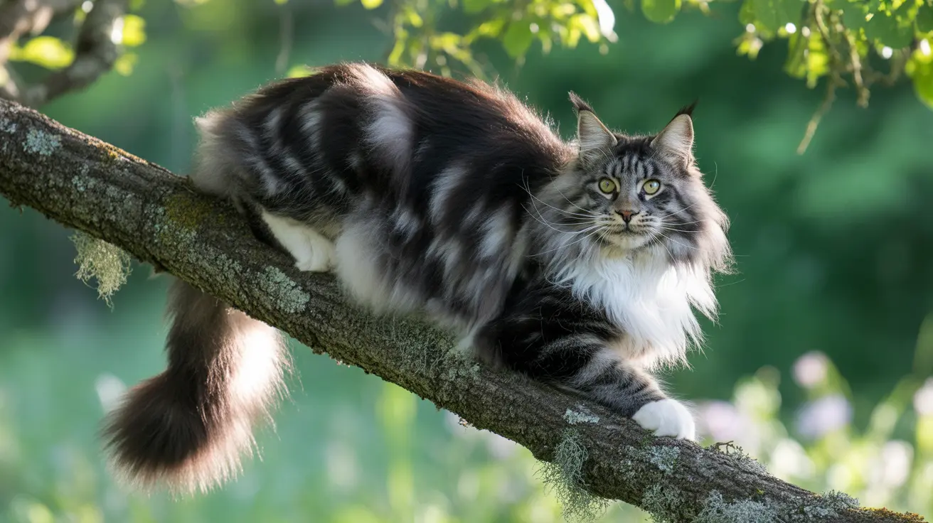 Majestic Norwegian Forest Cat perched gracefully on a moss-covered tree branch in a lush green forest