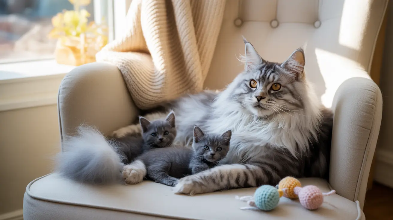 A Norwegian Forest Cat mother with two grey kittens on an armchair