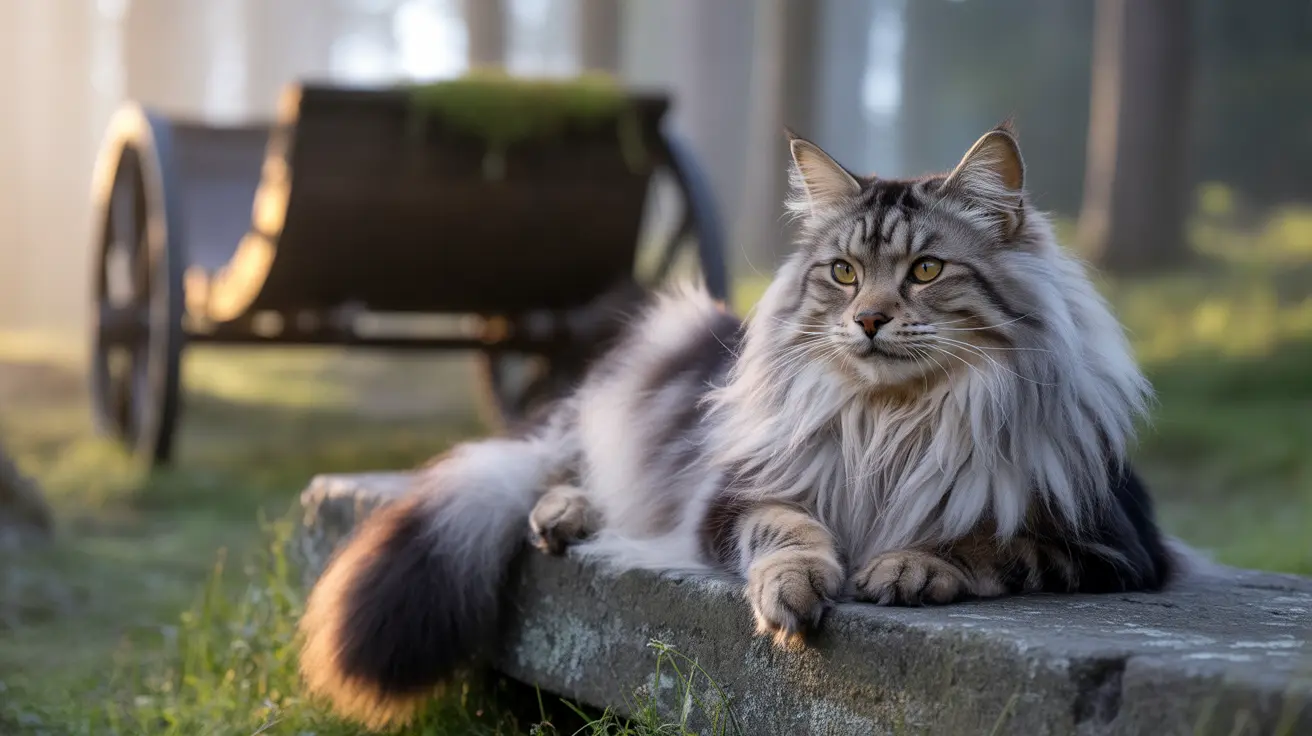 Un majestuoso gato de bosque noruego descansando sobre una superficie de concreto al aire libre.