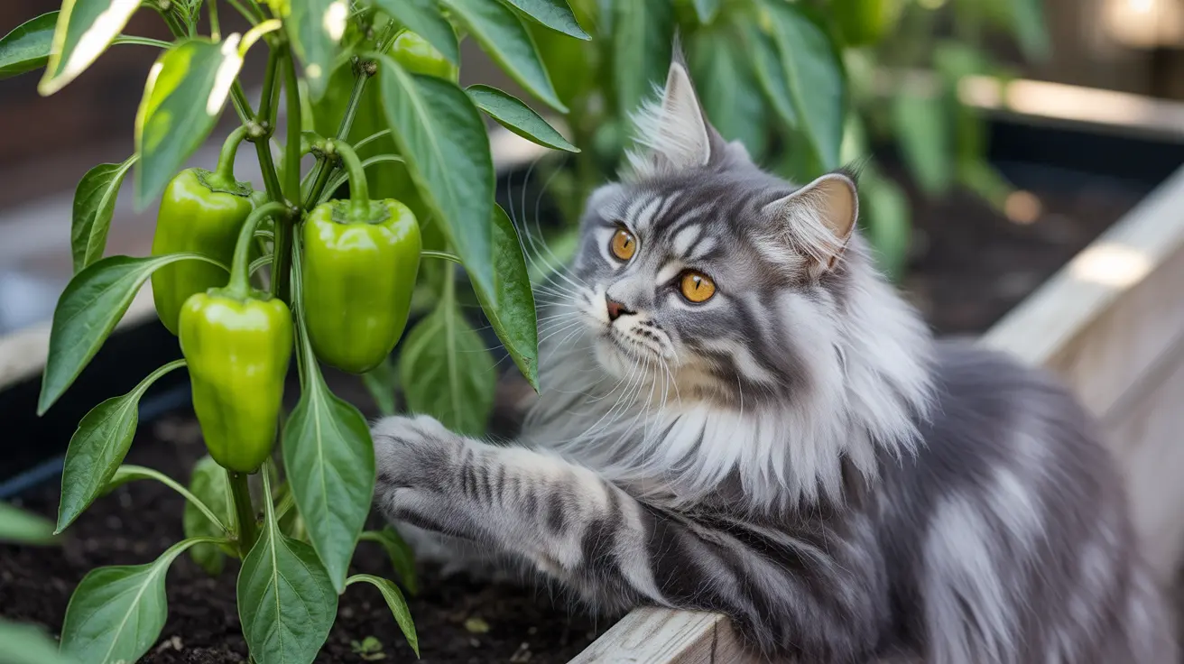 A fluffy gray and white Norwegian Forest Cat sitting near a pepper plant with green bell peppers