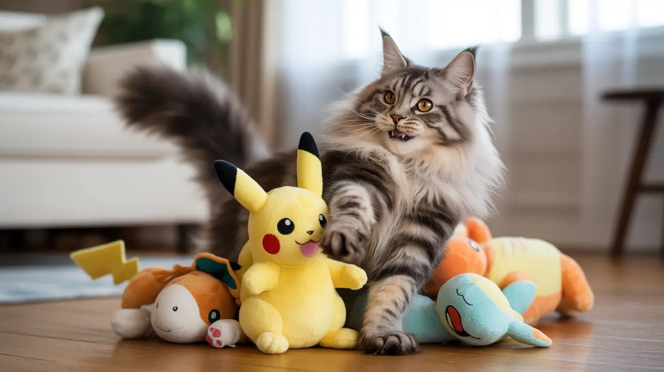 A fluffy Norwegian Forest Cat sitting among Pokémon plush toys with Pikachu