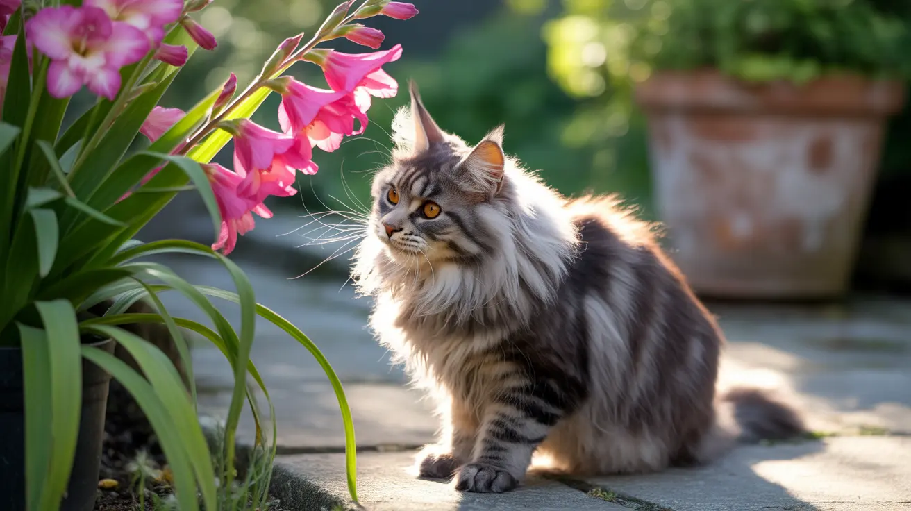 A fluffy Norwegian Forest Cat sitting near vibrant pink flowers in a sunlit garden setting