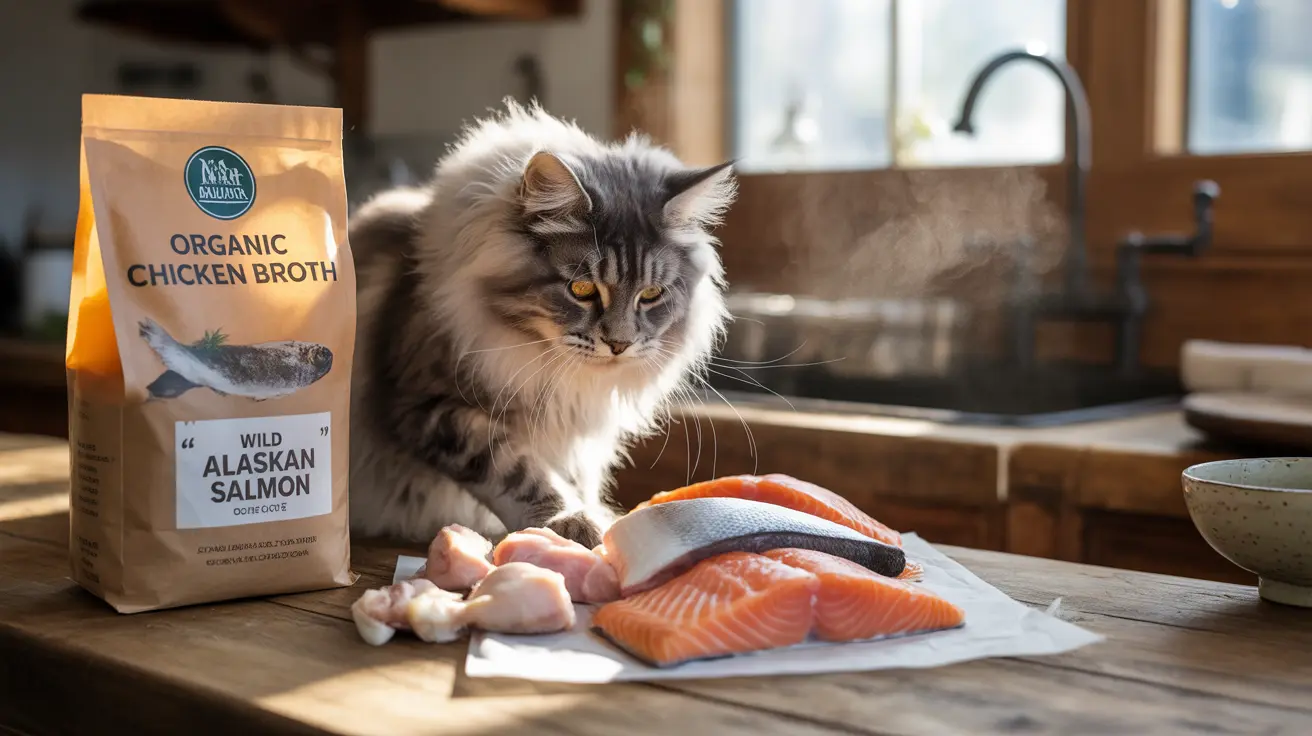 A fluffy Norwegian Forest Cat sitting next to fresh salmon and chicken with organic chicken broth packaging