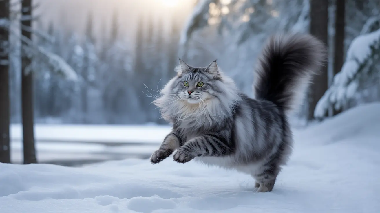 A fluffy Norwegian Forest Cat mid-leap through a snowy winter landscape