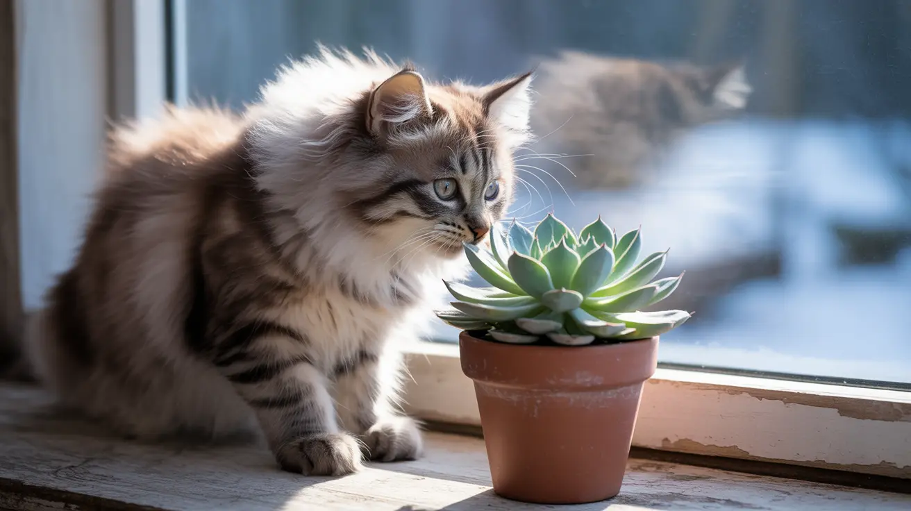 Un gato de bosque noruego peludo sentado cerca de una planta suculenta en un alféizar