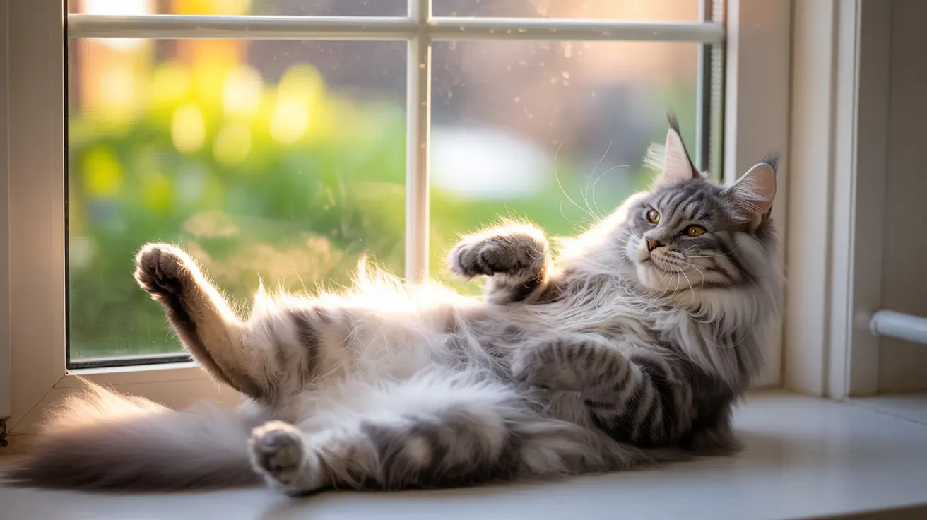 A fluffy gray and white Norwegian Forest Cat lounging comfortably on a windowsill in soft sunlight