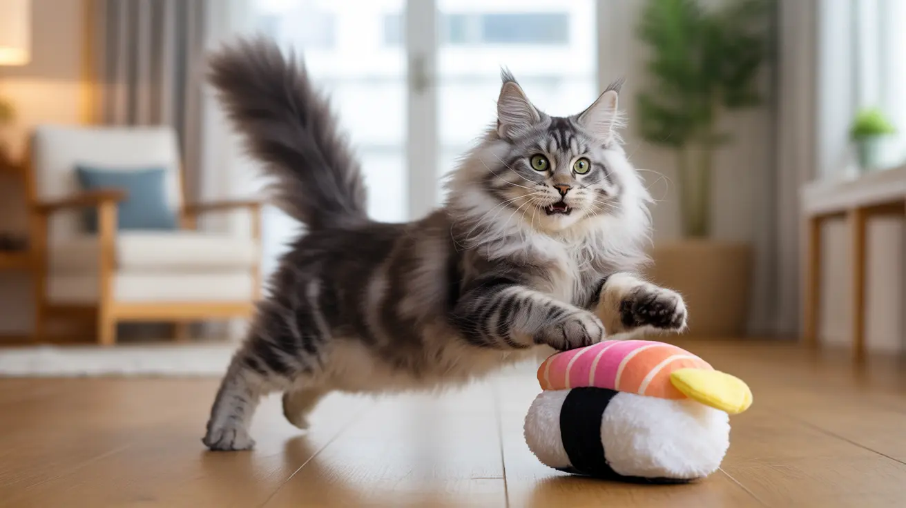 Fluffy Norwegian Forest Cat playing with sushi-shaped plush toy on wooden floor