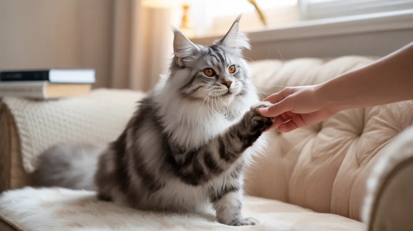 A fluffy Norwegian Forest Cat sitting on a light-colored couch reaching out to touch a human hand