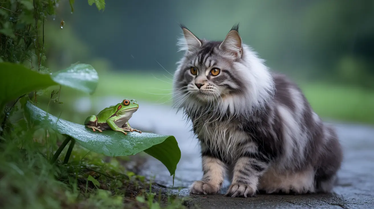 A fluffy Norwegian Forest Cat sitting next to a bright green tree frog on a dew-covered leaf