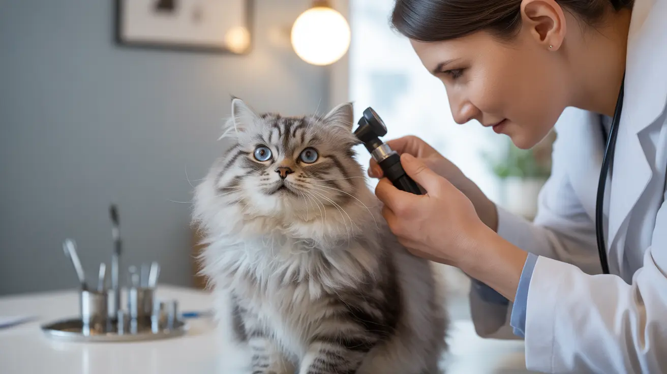 A fluffy white and gray Norwegian Forest Cat receiving a veterinary ear examination