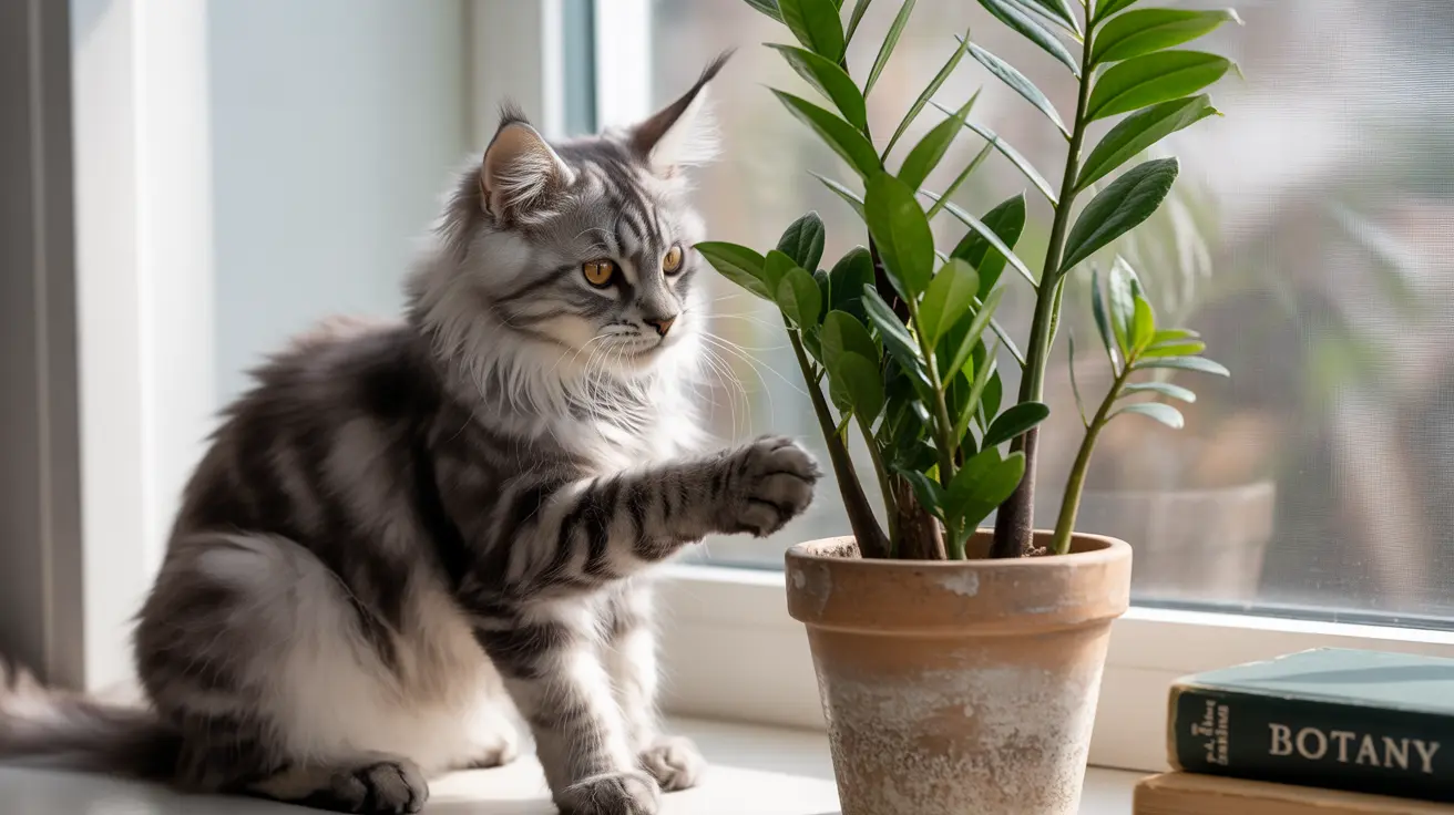 Fluffy Norwegian Forest Cat reaching paw near a potted plant on a windowsill