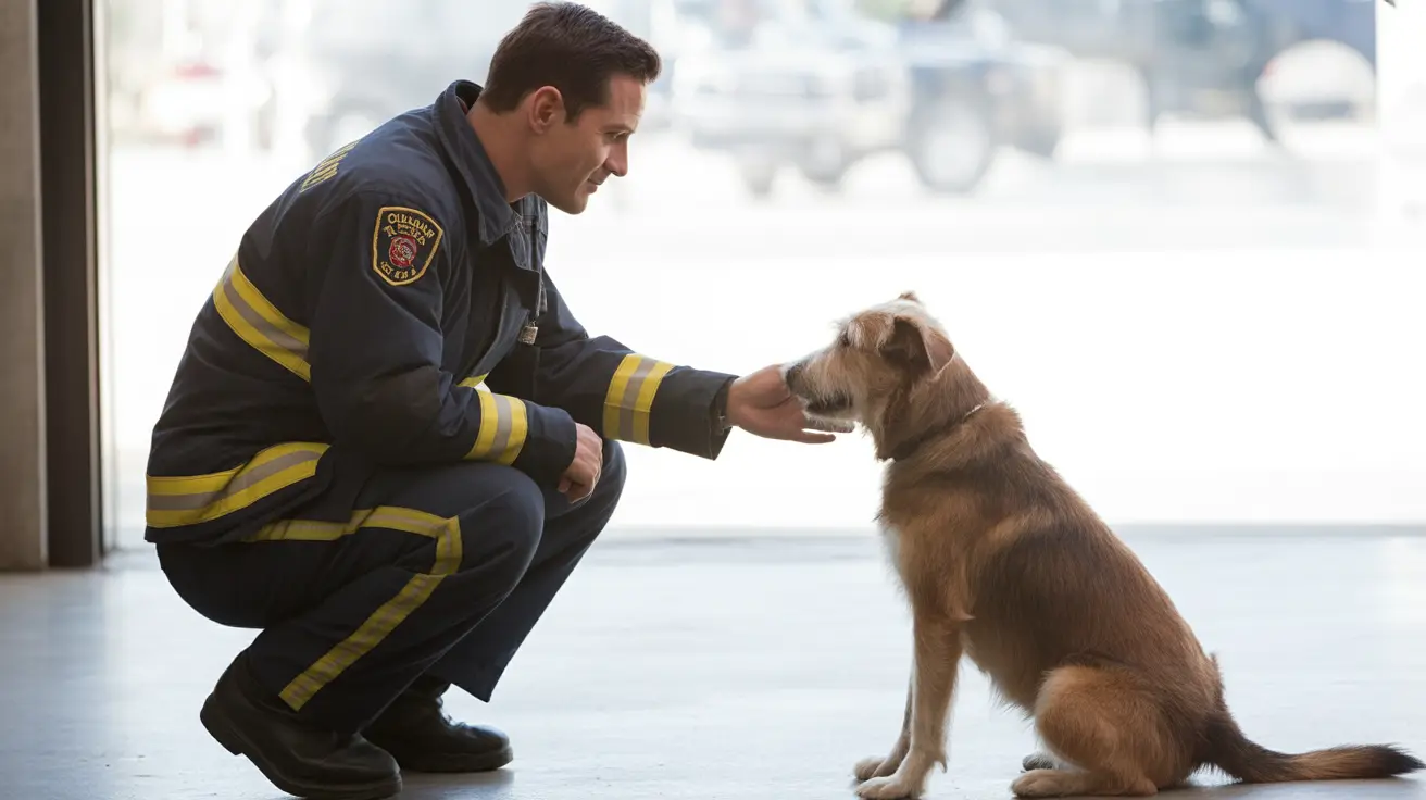Oklahoma City firefighter gently holding a rescued lost dog during an emergency response