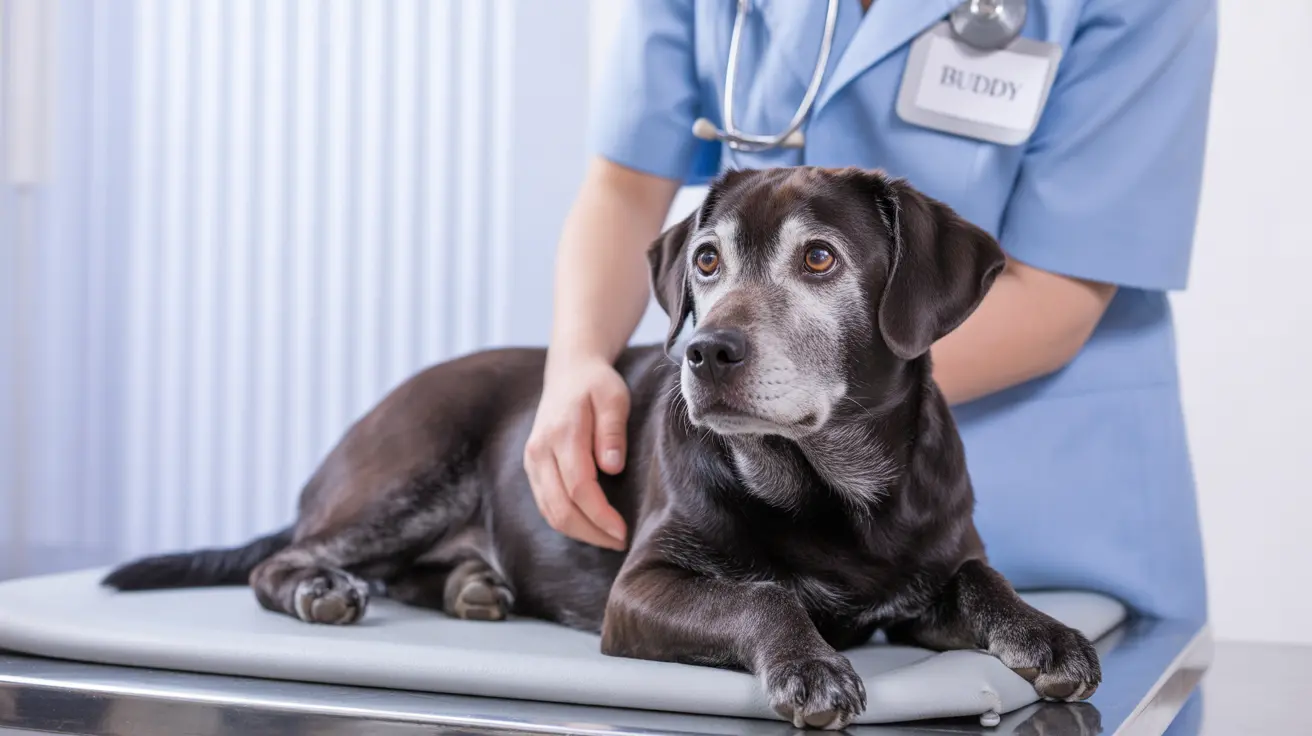 An older black Labrador Retriever sitting on examination table with veterinarian