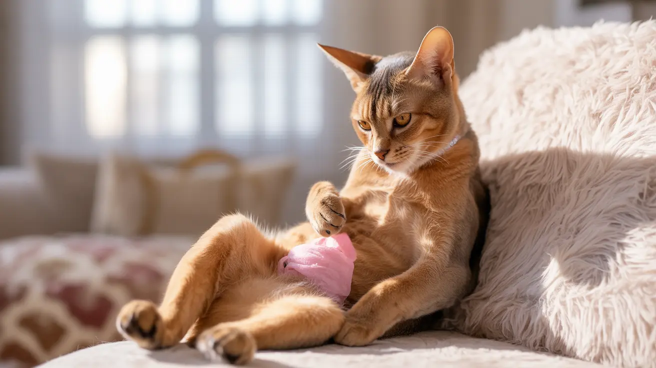 Orange Abyssinian cat sitting on a soft furry chair playing with a pink toy