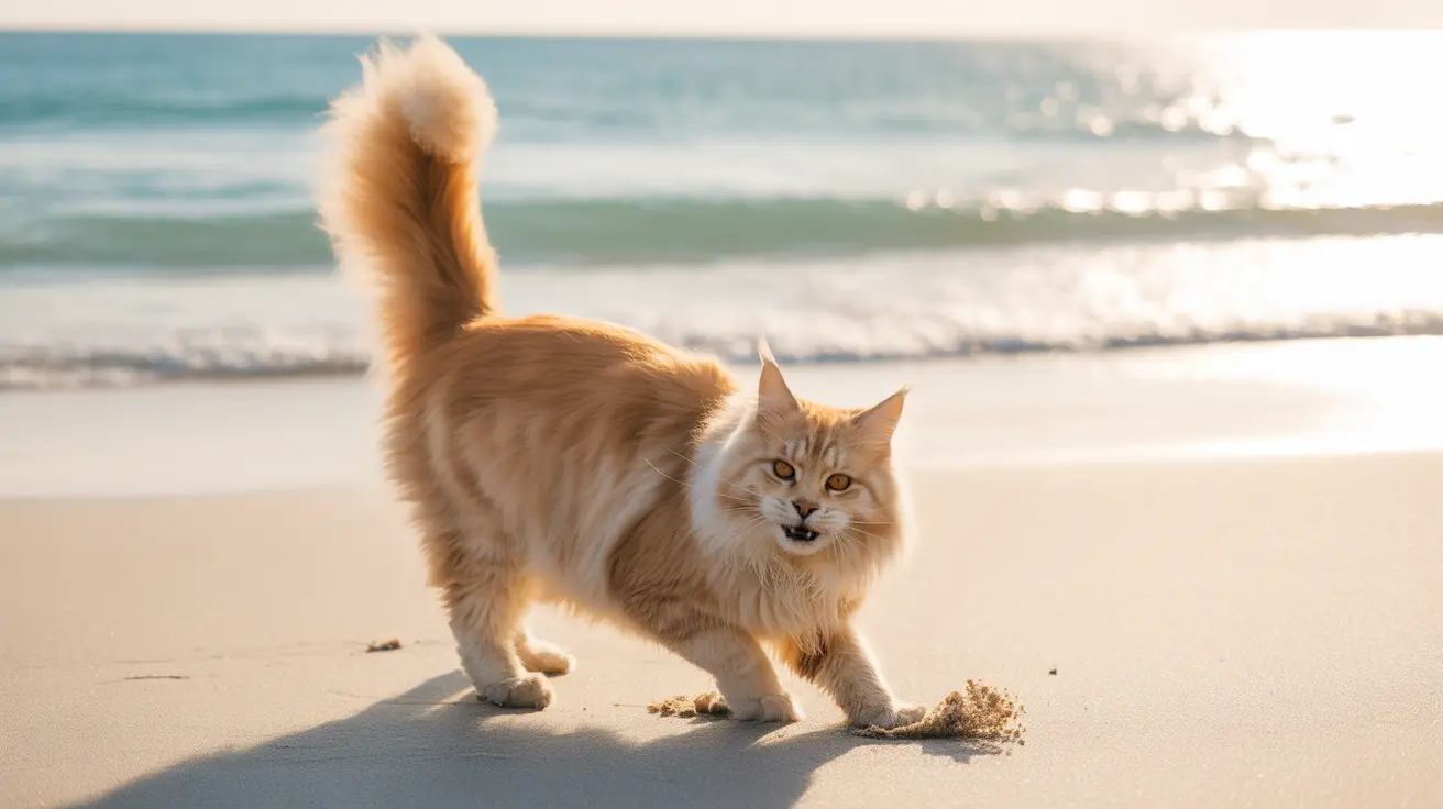 A fluffy orange Maine Coon cat walking on a sandy beach with waves in the background