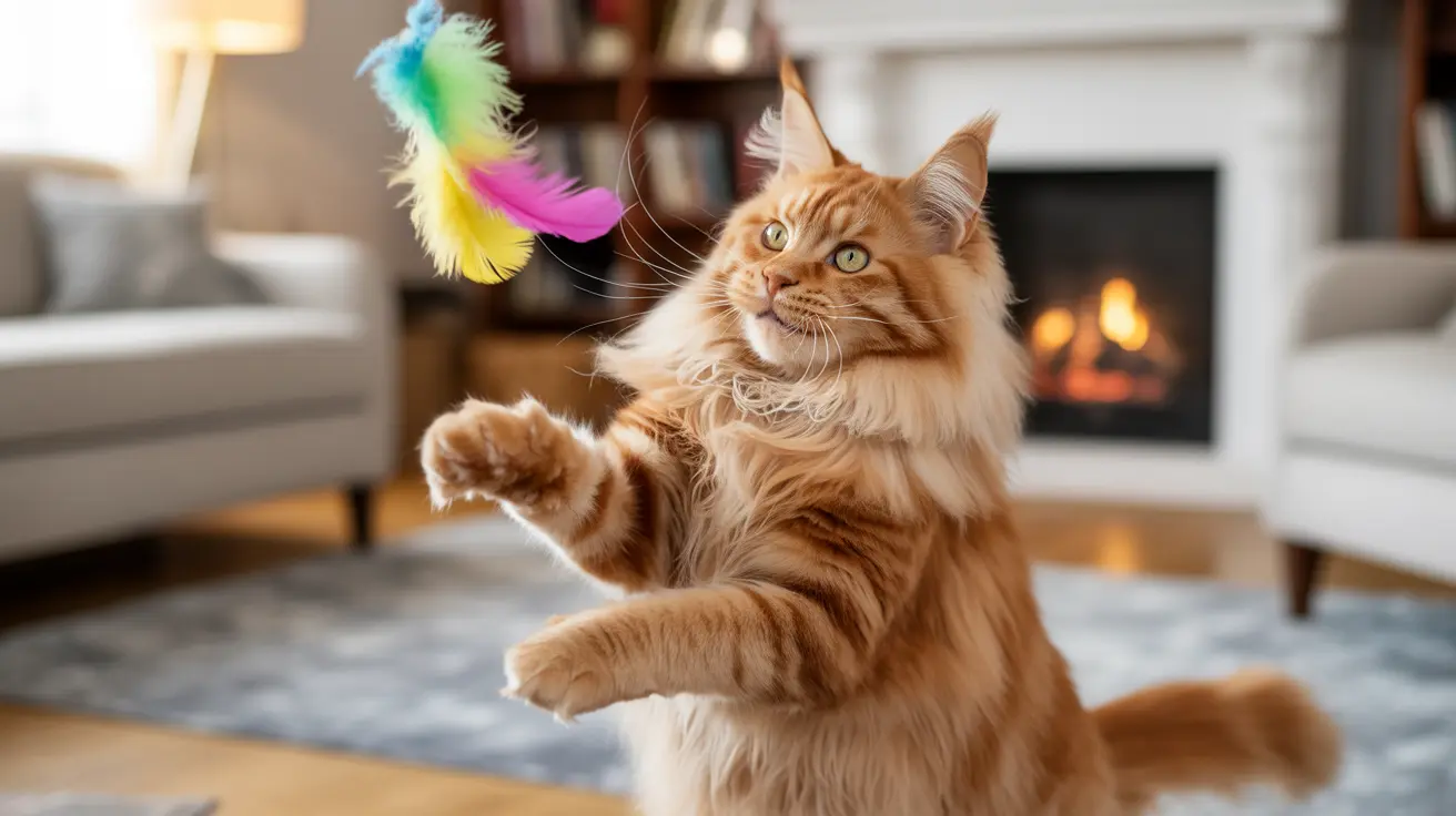 Fluffy orange Maine Coon cat playing with a colorful feather toy near a fireplace