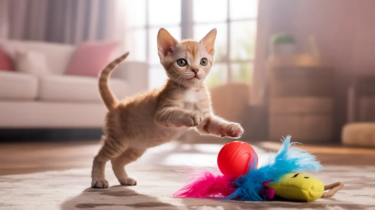 Playful orange tabby kitten batting at a colorful feather toy near a red ball