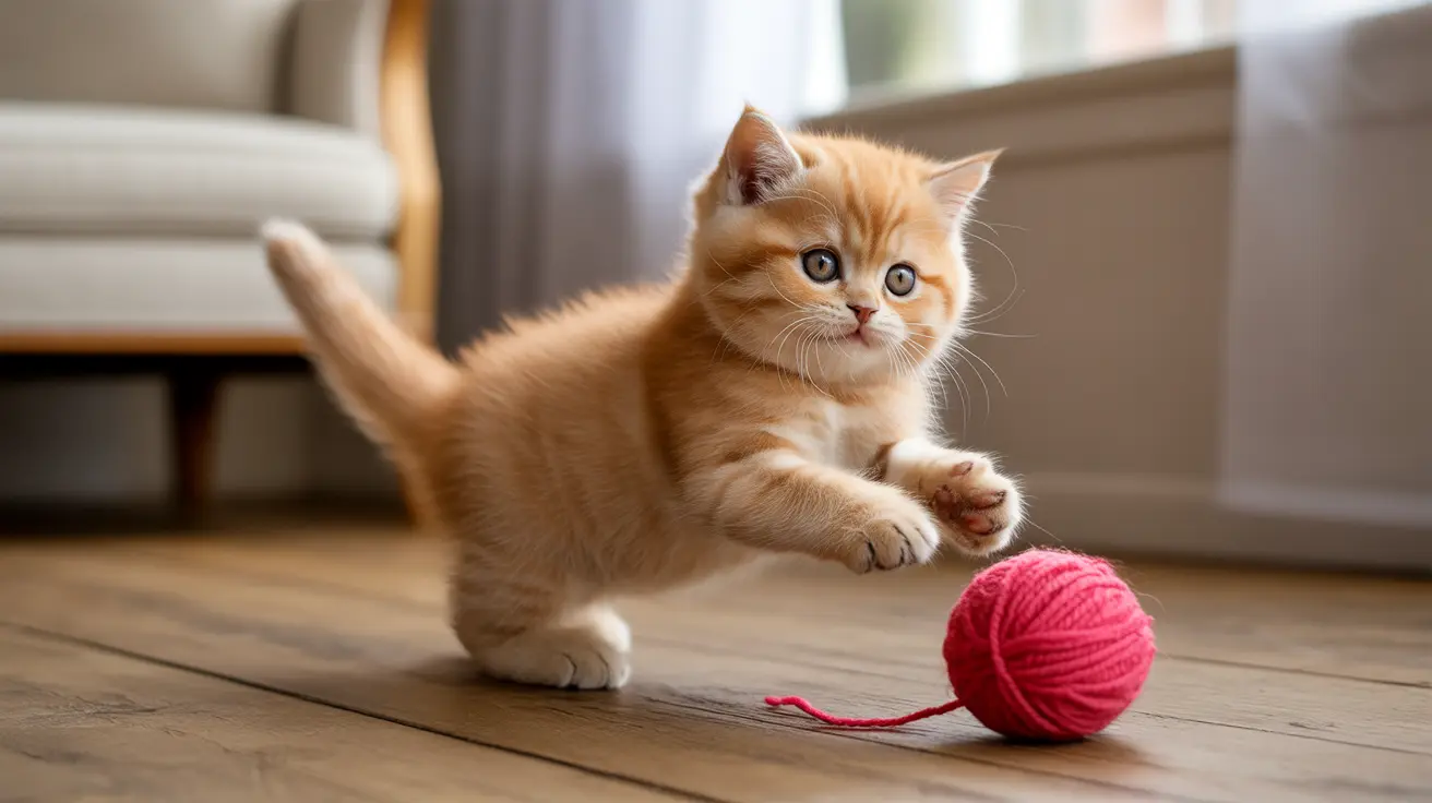 An adorable orange and white kitten playing with a bright pink yarn ball on a wooden floor