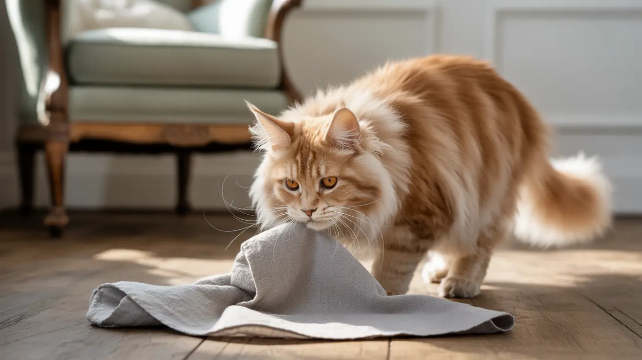 A fluffy orange and white Maine Coon cat standing on a gray cloth near a soft green armchair