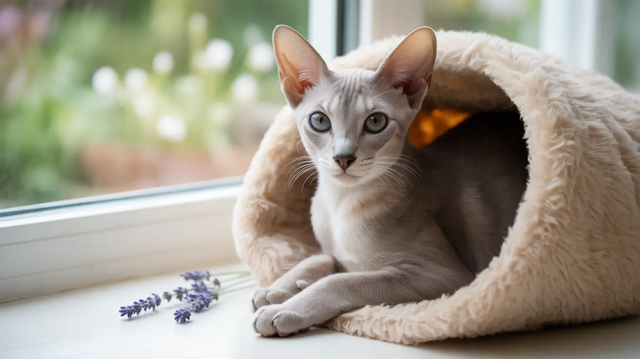 A light-colored Oriental Shorthair cat resting comfortably in a soft beige blanket near a window
