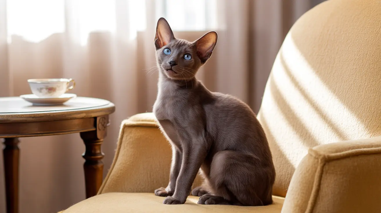 A sleek gray Oriental Shorthair cat with striking blue eyes sitting elegantly on a beige armchair