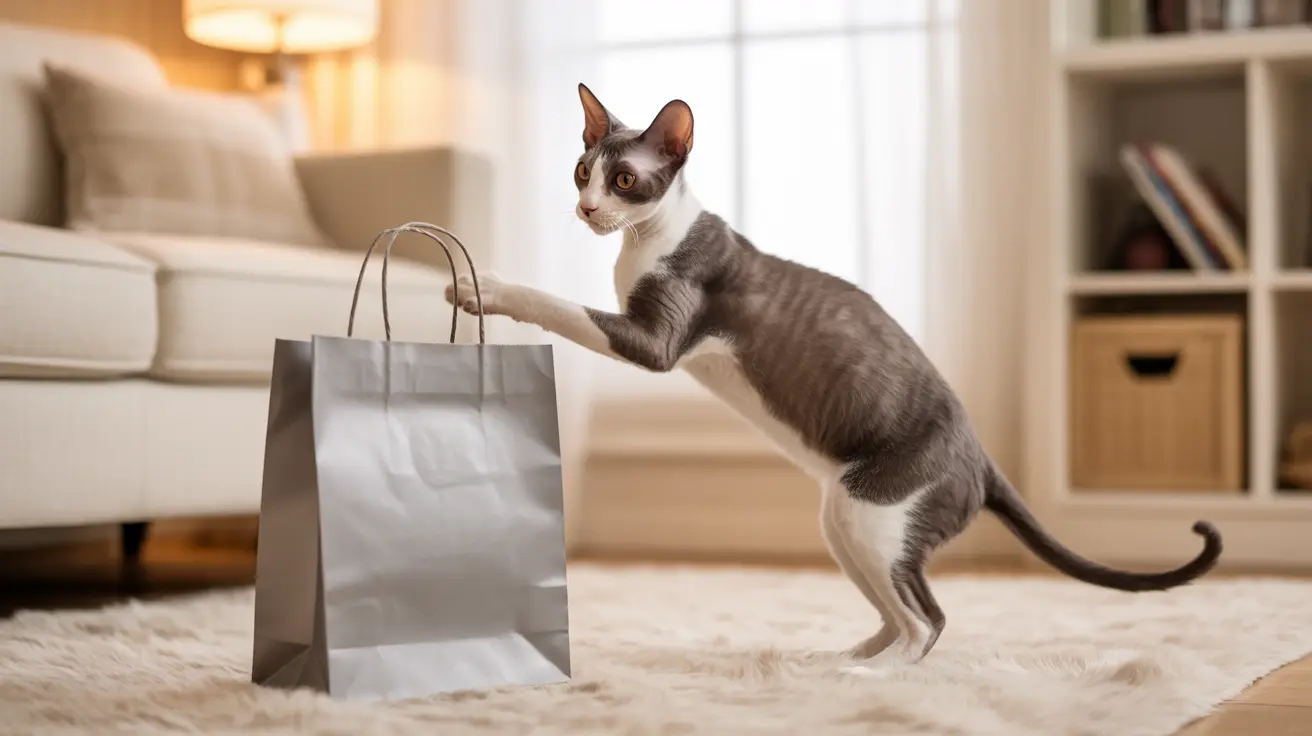 Un gato Oriental Shorthair curioso alcanzando una bolsa de compras plateada mientras está de pie sobre una alfombra blanca esponjosa