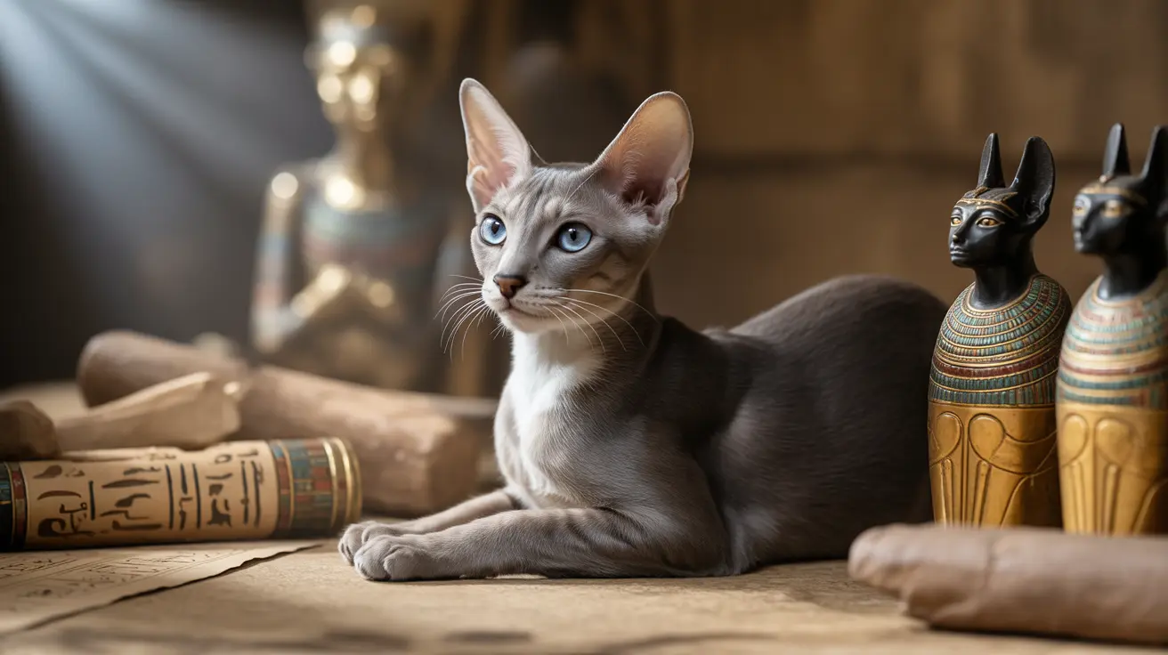 A sleek gray and white Oriental Shorthair cat sitting amid Egyptian artifacts and scrolls