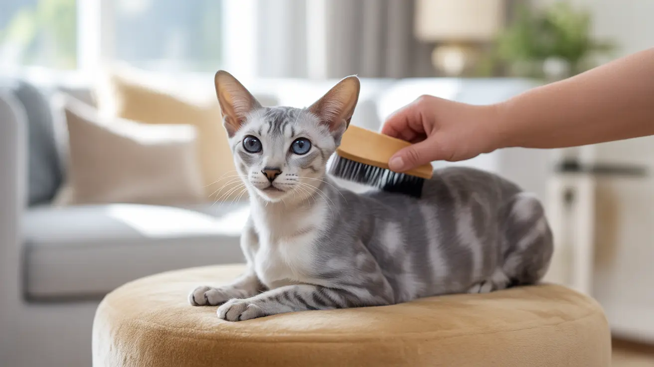 A gray and white Oriental Shorthair cat being brushed with a wooden brush on a beige cushion