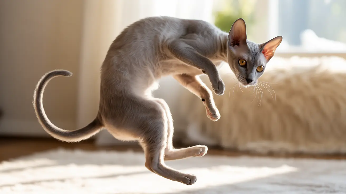 An agile Oriental Shorthair cat mid-leap in a bright, sunlit interior space