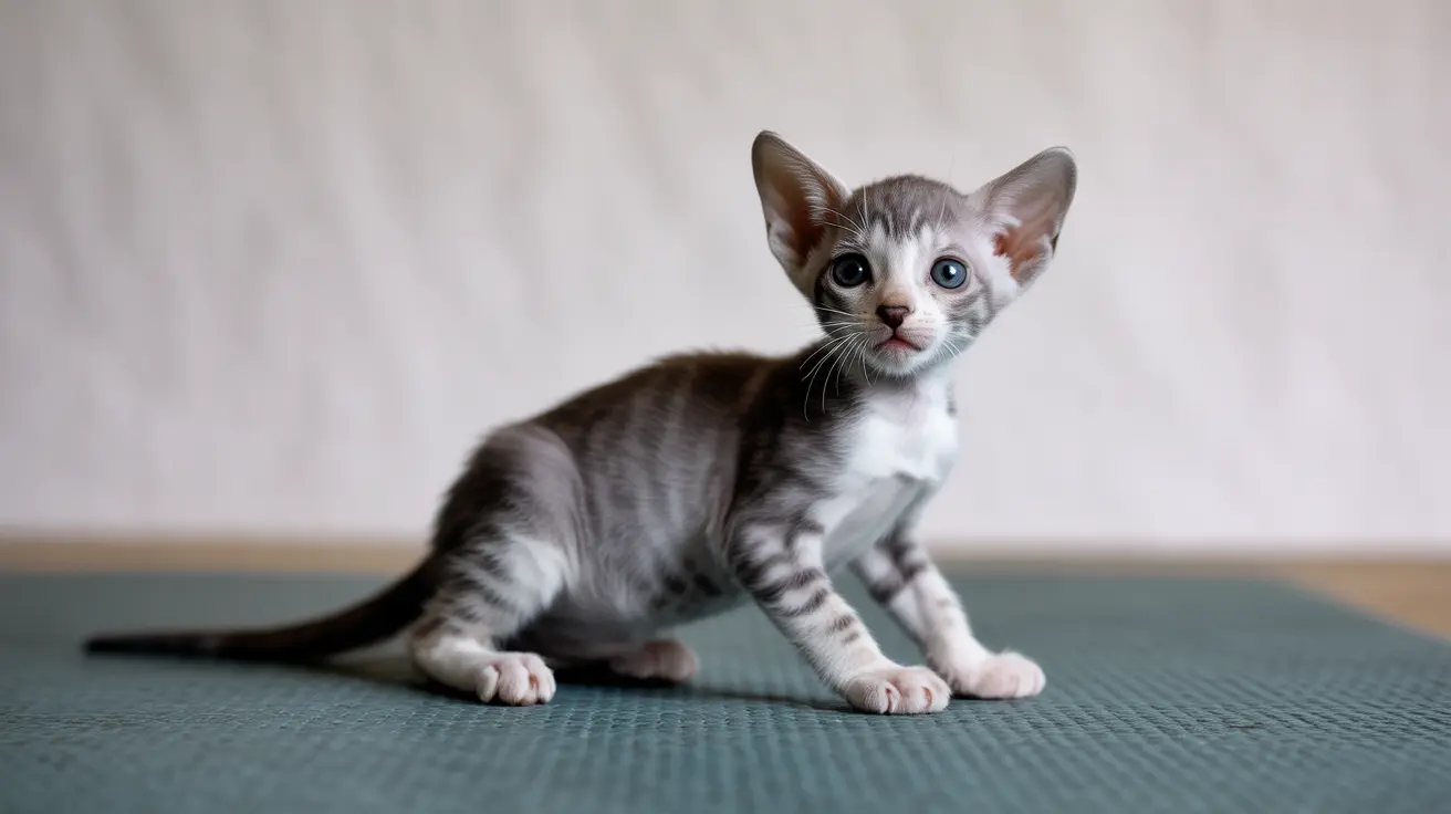 若くて警戒心のあるオリエンタルショートヘアの子猫が、ティール色のテクスチャーのある表面に座っている様子。