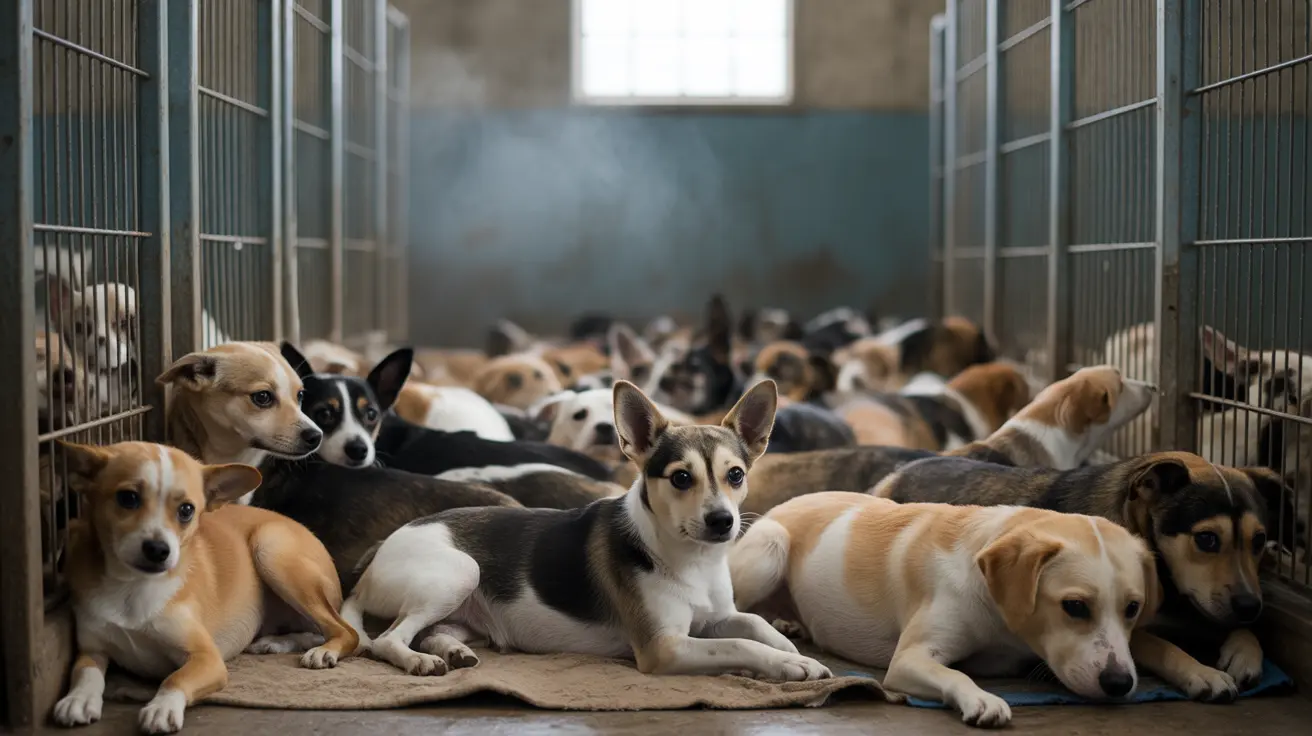 Dozens of dogs confined in a crowded area highlighting animal hoarding concerns