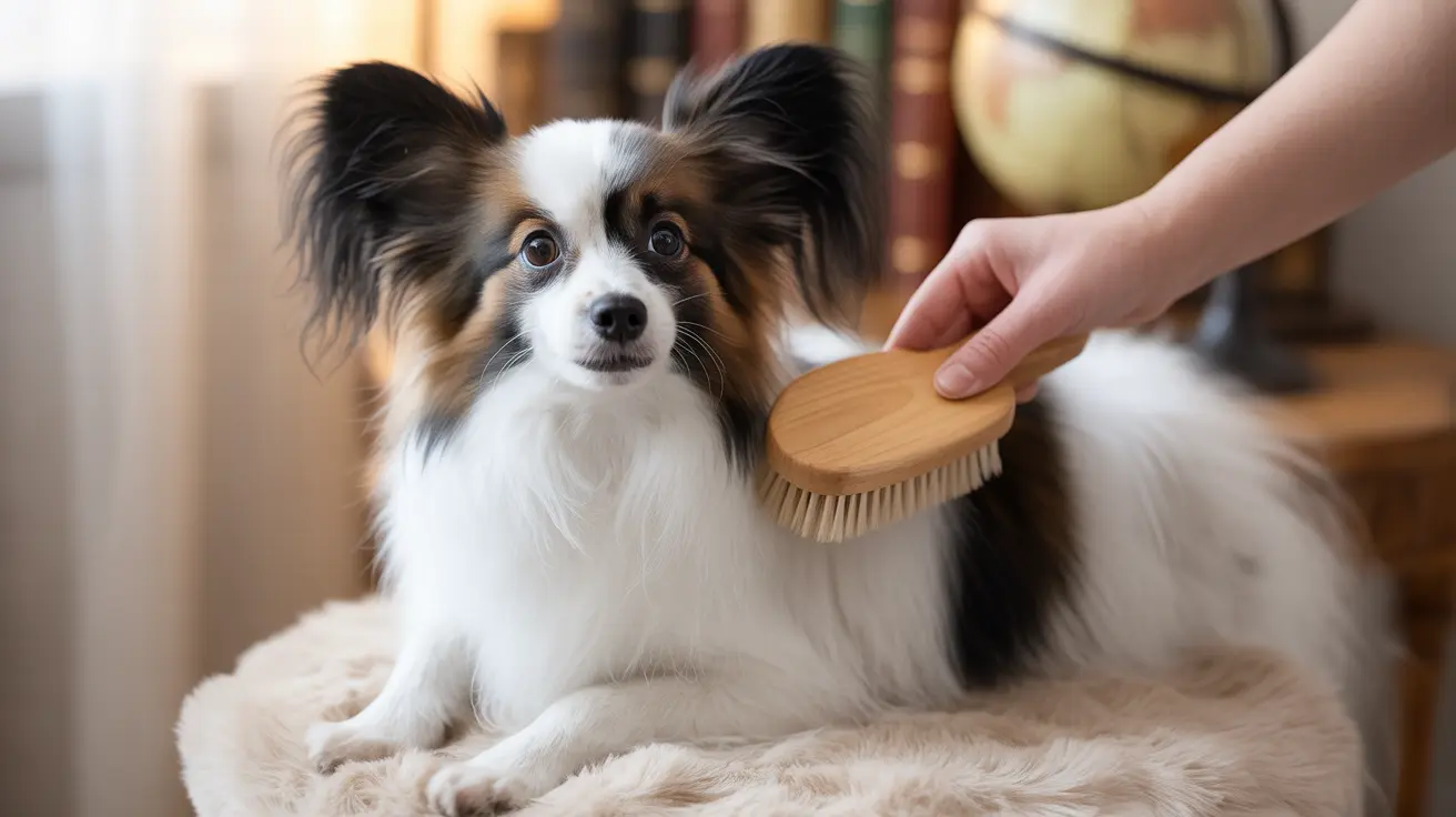 A Papillon dog being gently brushed with a wooden grooming brush