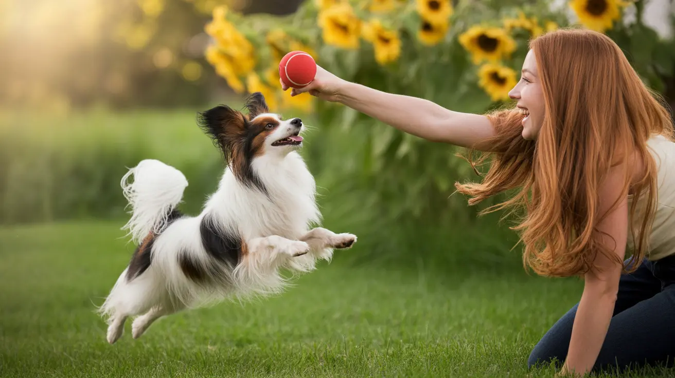 A playful Papillon dog leaping to catch a red ball held by a smiling young woman in a sunflower field
