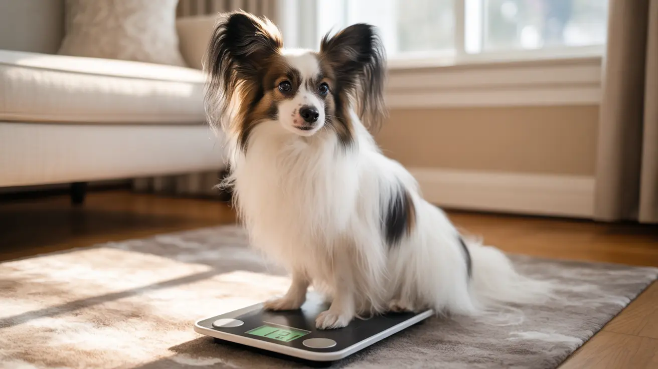 A small Papillon dog sitting on a digital weighing scale in a bright, sunlit room