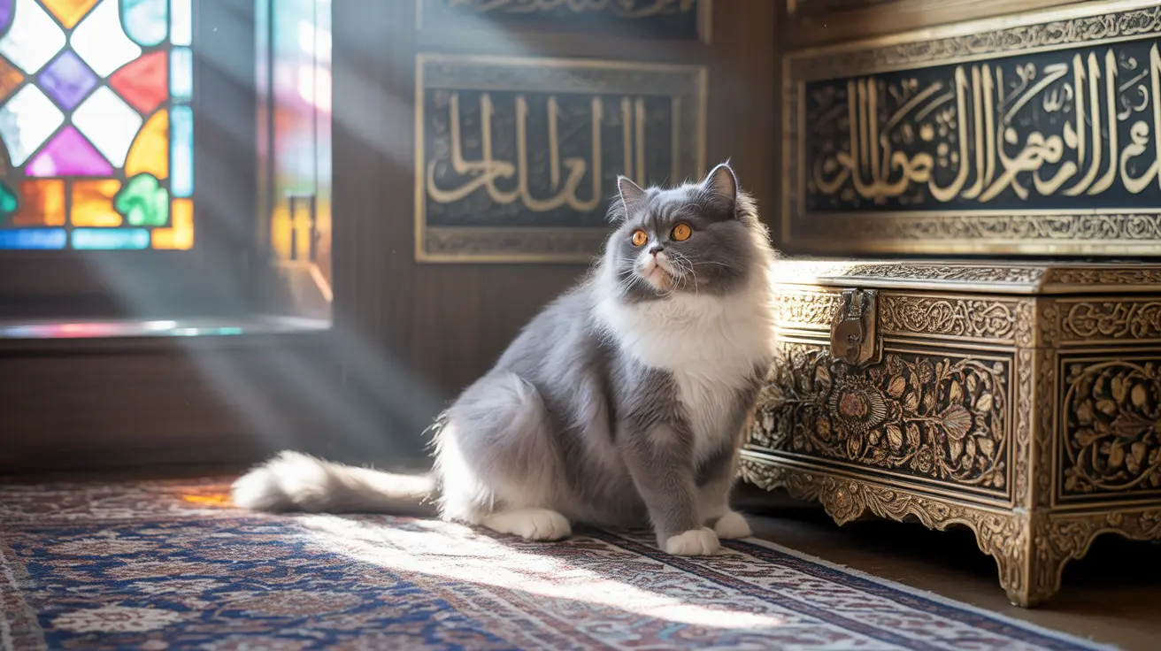 A fluffy gray and white Persian cat sitting majestically with stained glass and Arabic calligraphy in the background