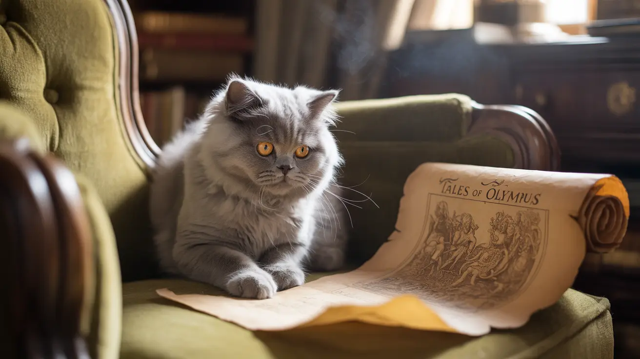 A majestic Persian cat sitting on a green armchair with an antique scroll titled 'Tales of Olympus'.