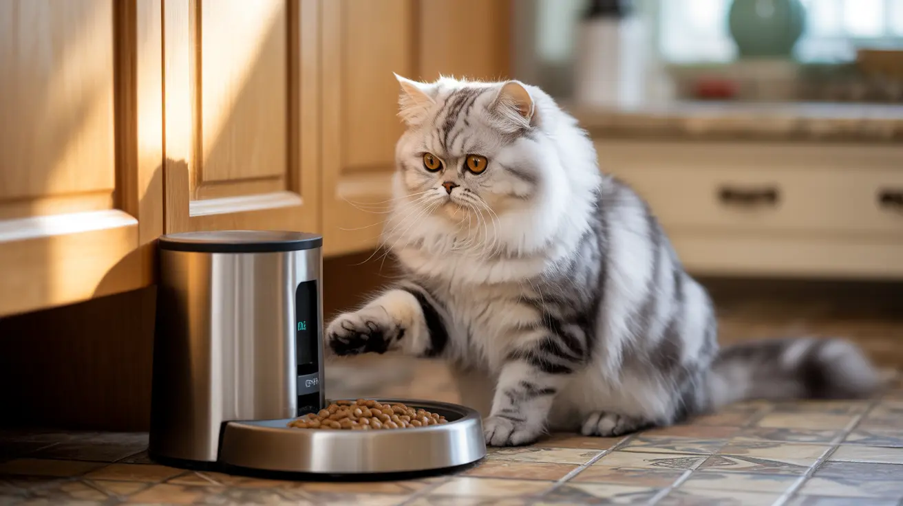 A fluffy white and gray Persian cat sitting next to an automatic pet food dispenser with a bowl of dry food