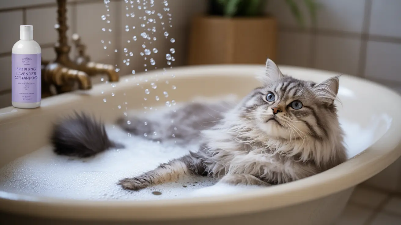 A fluffy Persian cat taking a bath with lavender shampoo, sitting in a white bathtub surrounded by soap bubbles.