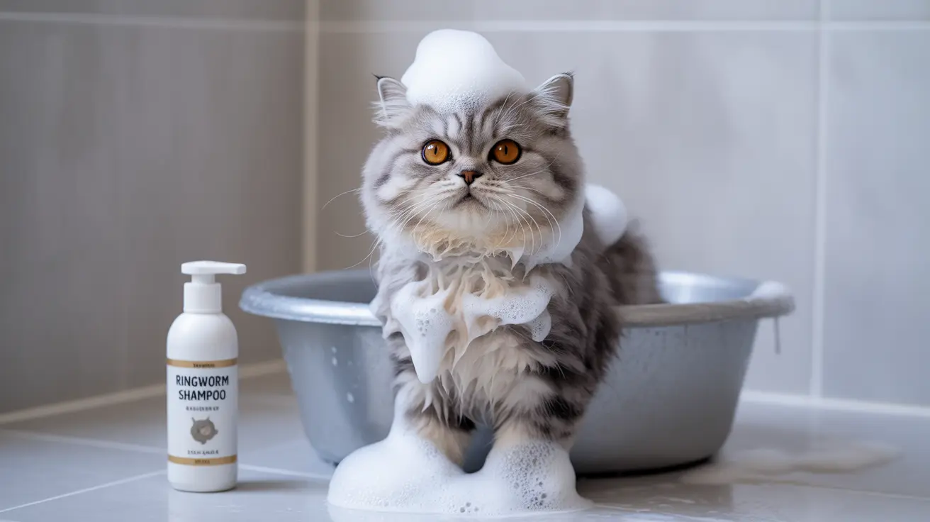 A fluffy Persian cat covered in soap suds during a bath in a grey basin with a ringworm shampoo bottle nearby.