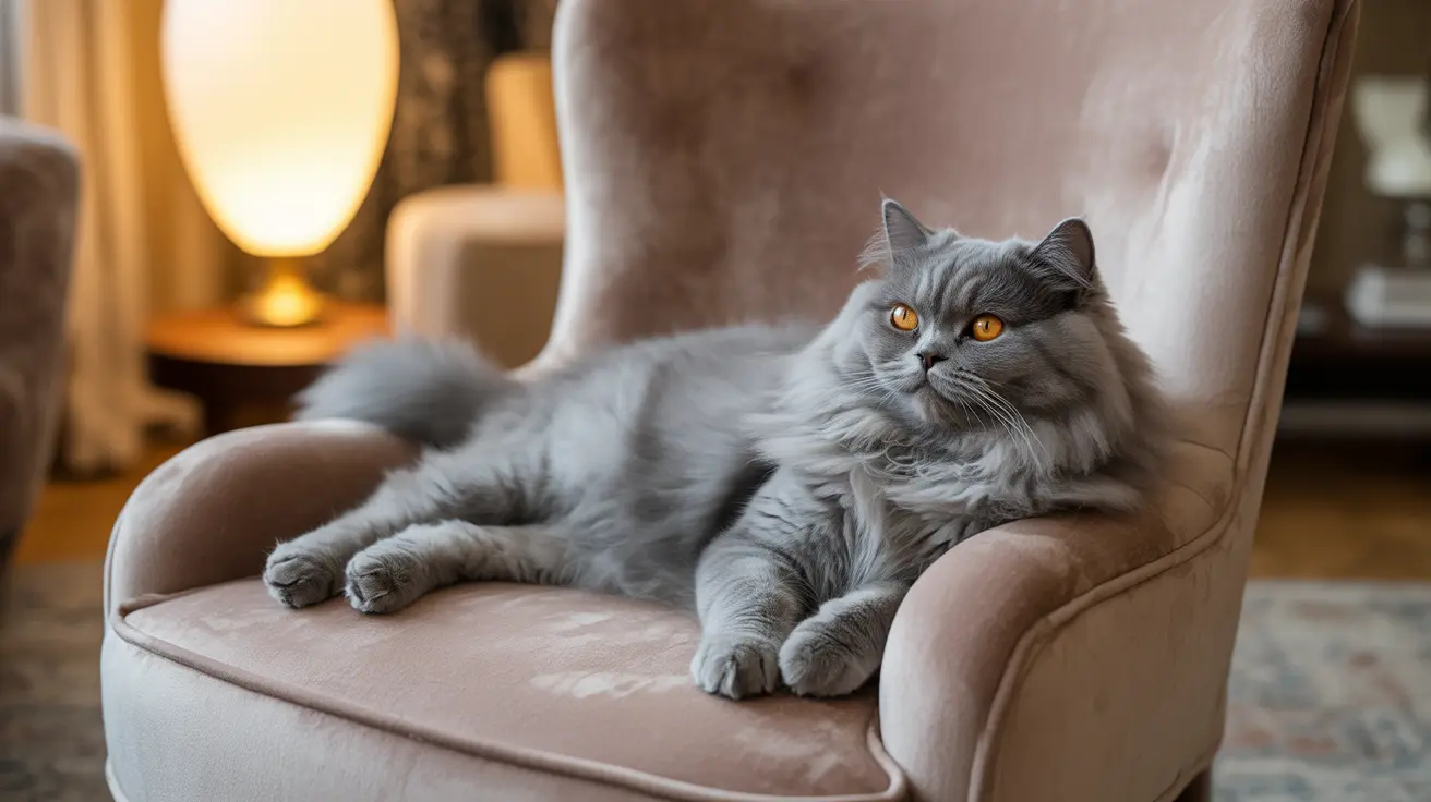 A fluffy gray Persian cat lounging on a plush beige armchair