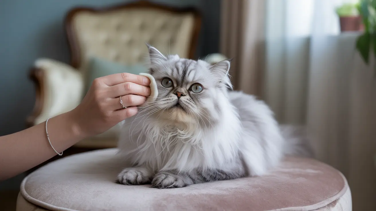 A fluffy white Persian cat on a pink cushion being gently petted
