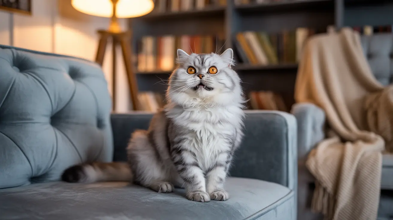 Fluffy white and gray Persian cat on blue-gray tufted armchair with intense gaze