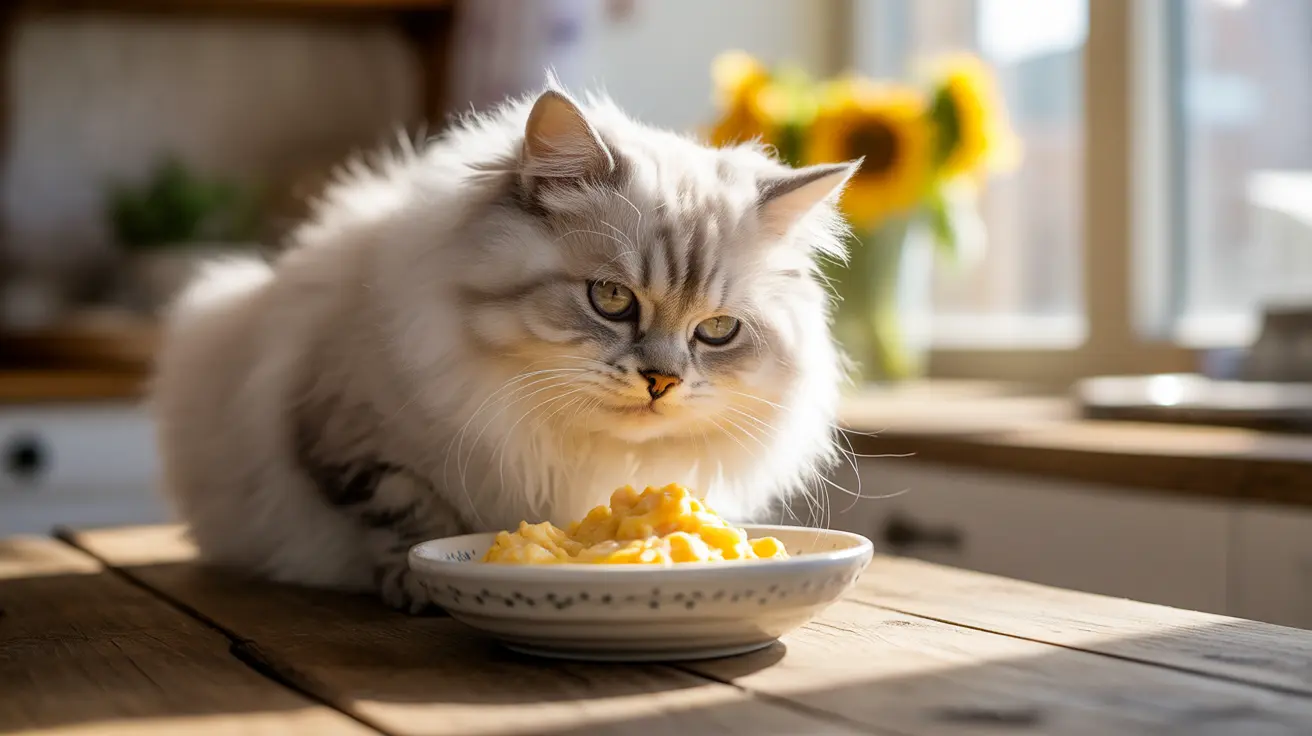ふわふわの白いペルシャ猫が黄色い食べ物が盛られた皿のそばに座り、背景にはひまわりが咲いている様子