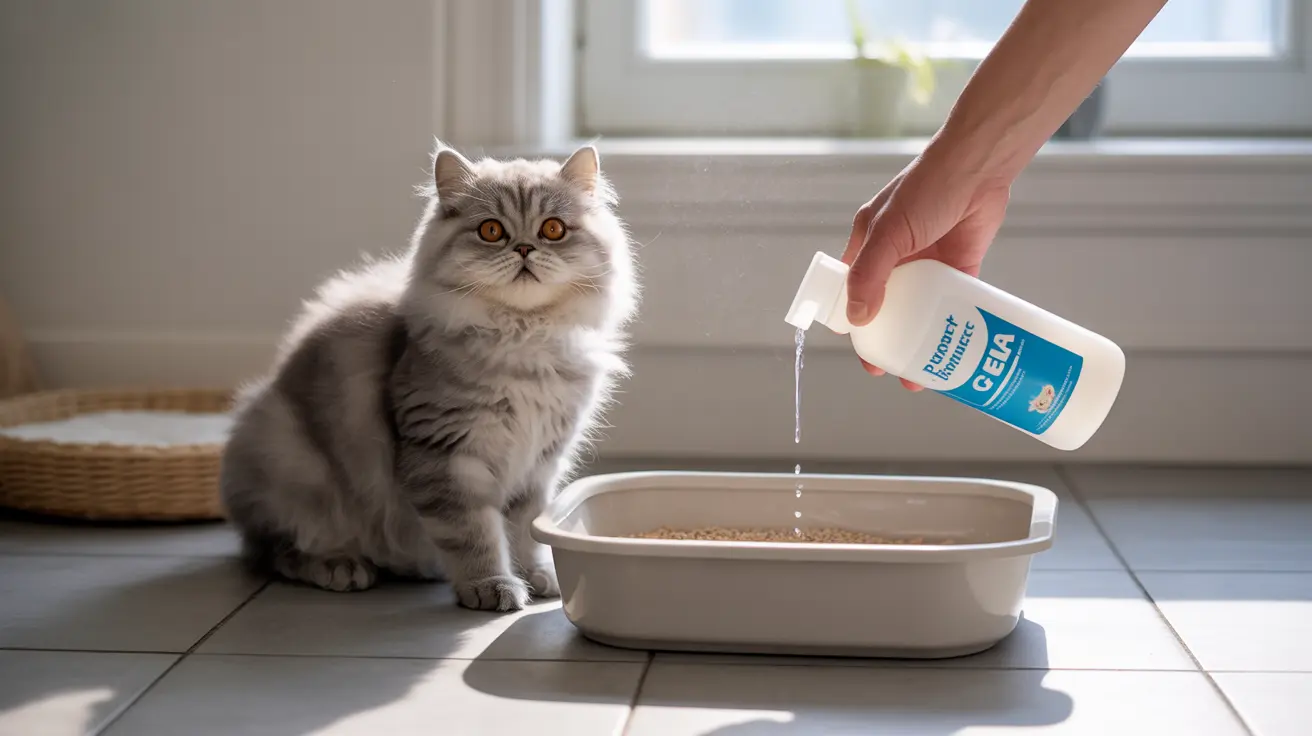 A fluffy gray Persian cat sitting next to a litter box with a hand pouring cleaning solution onto the litter