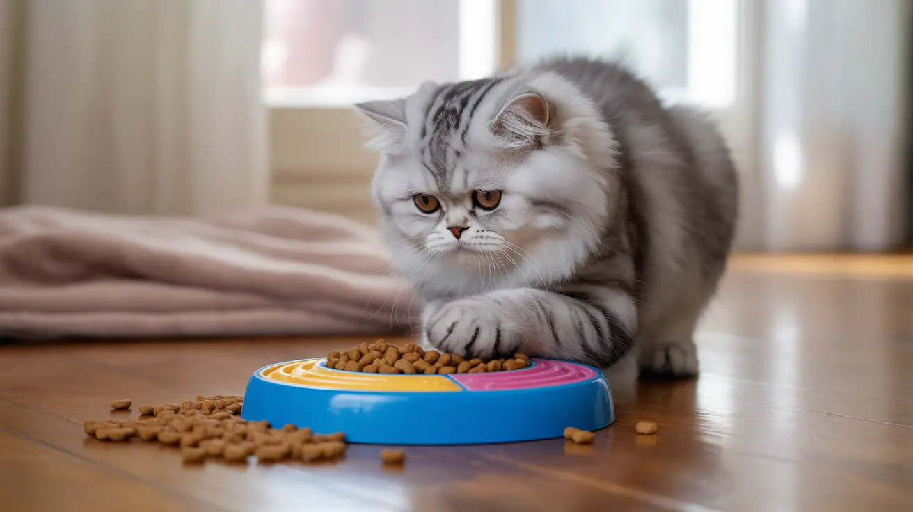 A silver and white Persian cat next to a colorful feeding bowl on wooden floor
