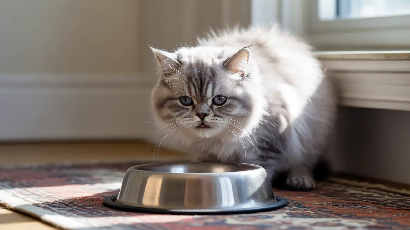 Fluffy white and gray Persian cat sitting next to an empty metal food bowl near a window