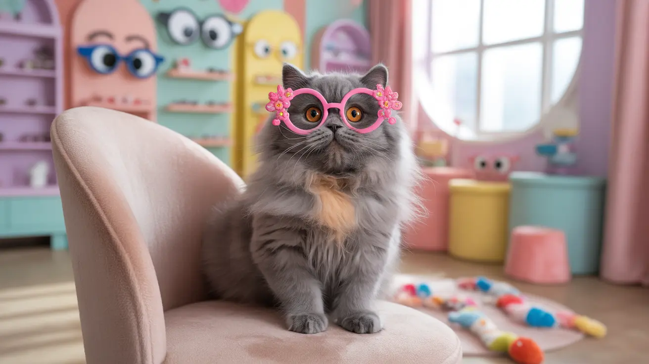 Fluffy Persian cat wearing pink flower-decorated glasses sitting on a beige chair in a colorful children's playroom