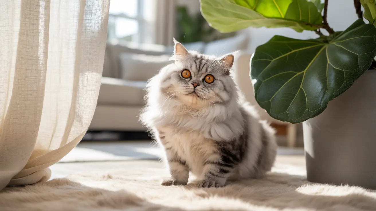 A fluffy white and silver Persian cat sitting near a curtain and a large leafy plant with striking golden-orange eyes.