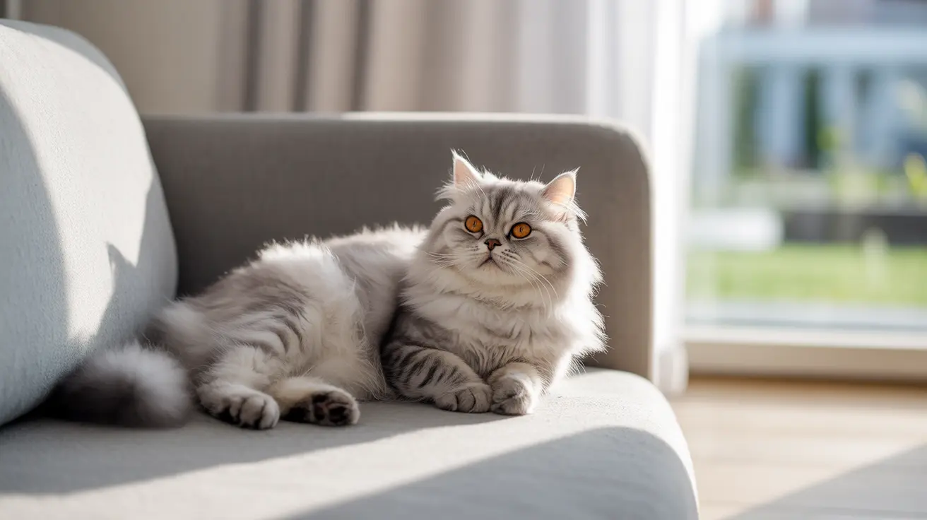 A fluffy silver Persian cat lounging comfortably on a gray couch near a window